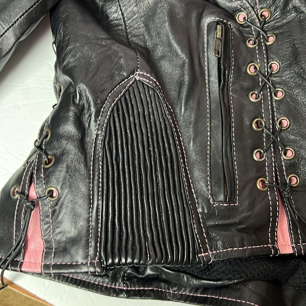 Zony Inc Leather Motorcycle Jacket Black With Pink Racing Stripes Medium - Picture 6 of 16
